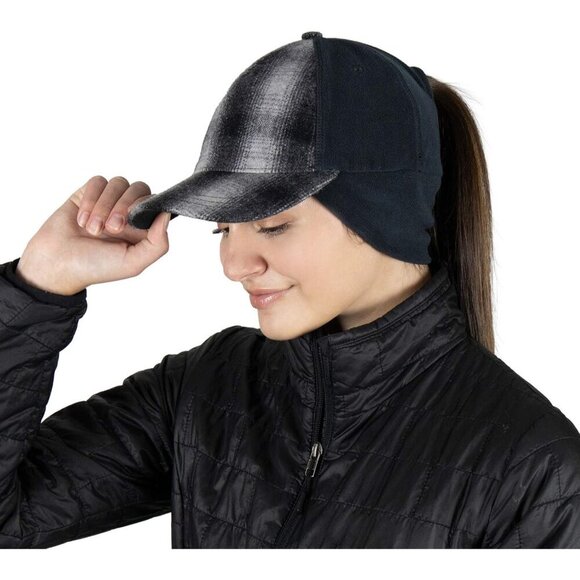 〽️Women’s Grey Plaid Winter Ponytail Trucker Hat with Drop-Down Ear Warmers